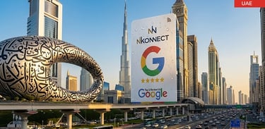 NFC Google Review card display in Dubai skyline promoting business ratings