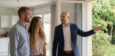 Conseiller immobilier accompagnant un couple lors de la visite d'une maison à Maurepas
