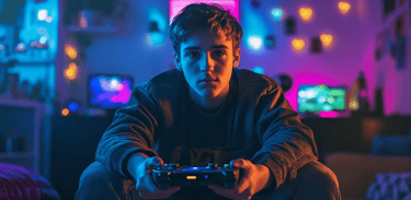 a man sitting on a couch holding a video game controller