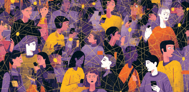 a crowd of people standing around a cell phone