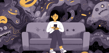 a woman sitting on a couch with a cell phone in her hand