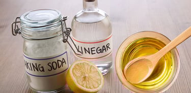 a bottle of vinegar and baking soda and cooking oil