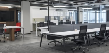 a conference room with a desk and chairs