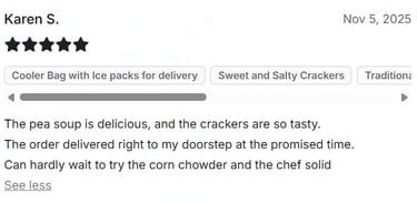 The pea soup is delivious, and the crackers are tasty.