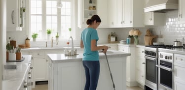 A modern store interior featuring a variety of green products displayed on wooden tables. The space is adorned with hanging plants and large windows that allow natural light to flood in, creating a warm and inviting atmosphere. The ceiling has wooden beams with skylights. Customers and staff are visible, engaged in transactions.