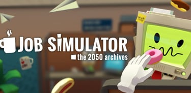 A cartoon computer in an image of the arcade VR work simulation video game job simulator
