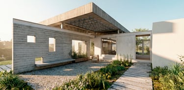 vista de facha principal de hormigón armado con gran techo de hormigon visto en casa moderna y contemporánea. 