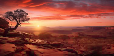 An Australian outback landscape scene at sunset