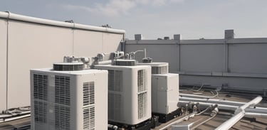 Un par de unidades de aire acondicionado en la azotea de un edificio de oficinas