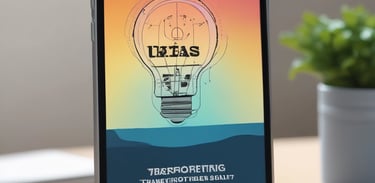 A smartphone is mounted on a stand, displaying a website with colorful graphics and the text 'Transforming Ideas into Reality'. Beside it, a laptop screen shows a blurred version of the same website. The background is soft and out of focus, with green foliage adding a hint of nature.