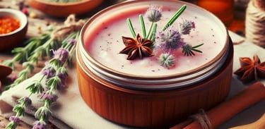homemade salve in brown glass jar with lavender to the side