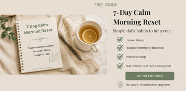 A 7-day calm morning reset guide next to a lemon tea and notebook for wellness routines and stress relief.