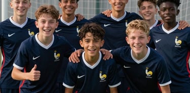 Team photo of diverse young soccer players, ages 11-16, smiling and showing high enthusiasm, celebrating a goal during training, French athletic center background.