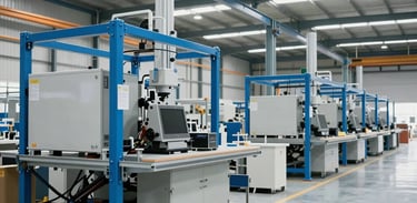 A modern warehouse facility in India with advanced technology, steel blue accents, clean floors, and efficient organization, showcasing professional logistics.