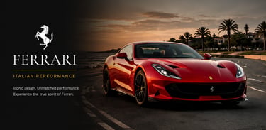 A red Ferrari sports car parked on a coastal road at sunset with palm trees and ocean view.
