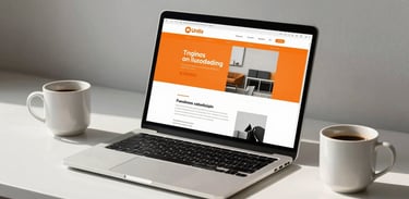 A clean modern workspace in Munich with natural daylight, a high-end laptop showing a clean minimalist web layout with orange accents, a coffee mug, and soft shadows.