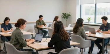 A group of adults engaged in a workshop in a clean, professional North American learning center with light gray furniture and ample natural light.