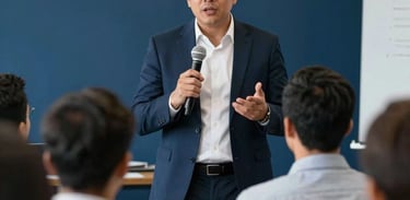An expert Latin American speaker presenting to an audience of entrepreneurs, sharp professional photography, deep blue and white tones.