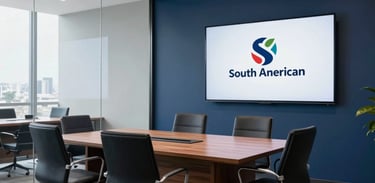 Spacious boardroom in a South American law office with a dark blue feature wall, glass partitions, and a large professional screen.