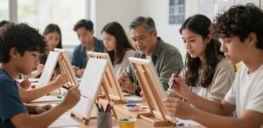 North American students and parents working together on an art project with paints and canvases in a sunlit classroom, focusing on creativity and community.