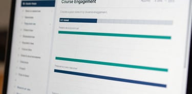 Close-up of a modern high-end computer screen displaying analytics of course engagement data in a North American / US environment. Sharp focus, clean corporate aesthetics, authoritative design.