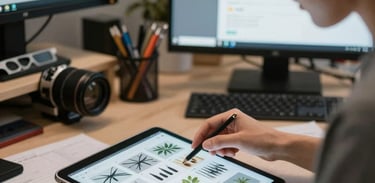 A professional instructional designer carefully selecting visual layouts on an iPad in a North American / US creative studio. Balanced and sophisticated lighting.