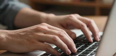 A close-up shot of hands typing on a metallic laptop keyboard, with a blurred bookshelf in the background. Natural North American daylight.