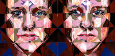 An image of a mixed media artwork showing two faces made up of cut and re-assembled prints