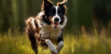 Yeşil çimde neşeyle koşan sağlıklı ve enerjik bir köpek, aktif bir yaşamın tadını çıkarıyor.