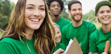 a woman in green shirt holding a clipboard and smiling