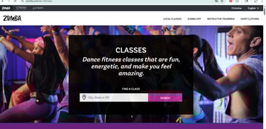 Screenshot of the Zumba website showing the class finder page to locate nearby Zumba classes