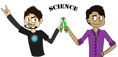 cartoon of two men experimenting with science vials