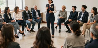 A documentary style photograph of a community meeting in a well-lit hall, where a person in a diplomatic vest is speaking to attentive listeners, global Spanish-speaking context, professional and hopeful mood.
