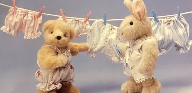 a plush Muffy bear and Hoppy hare hanging underthings out on a wash line