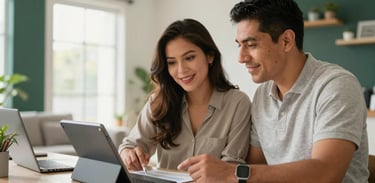 A focused Mexican / Latin American couple in their 30s sitting in a sunlit, modern home office, reviewing finances on a tablet with a sense of optimism. Soft natural light, clean interior with off-white and deep green accents.