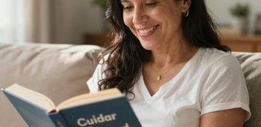 A Latin American mother smiling while looking at a book in a peaceful, sunlit living room, representing the 'Cuidar en Plenitud' program's focus on personal peace.