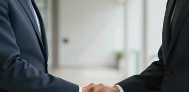 Close-up of two South American executives shaking hands in a bright, modern corridor. They are dressed in smart professional attire. The shot conveys trust and agreement. Soft shadows and clean background.