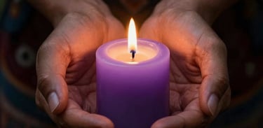 A pair of hands gently cupping a flickering lavender candle flame in a dark room, creating a warm and welcoming mystic glow, South American / Brazilian context.