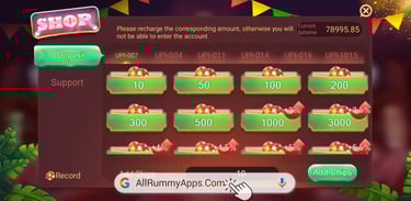 A mobile gaming deposit interface showing UPI recharge options and chip amounts for a Rummy app.