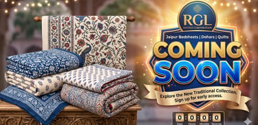 Traditional block print Jaipur bedsheets and quilts display for RGL Textile Corporation coming soon announcement.