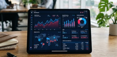 A crisp financial dashboard on a tablet resting on a modern wooden desk in a bright Douala office, natural light, professional editorial photography, 35mm lens
