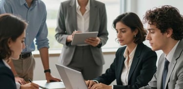 A group of diverse professionals in business attire collaborating around a meeting table in a sunny Brazilian office, soft focus background.