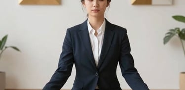 A lifestyle photograph of a person in professional attire meditating in a bright, modern room with golden geometry wall art. Global / Western.