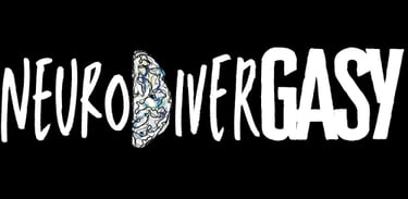 Neurodivergasy logo with white stylized text and a brain illustration on a black background.