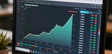 A focused close up shot of a digital dashboard on a screen presenting marketing growth metrics in a warm office, corporate style.