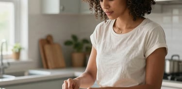 A North American woman in a sunlit kitchen preparing a healthy meal with fresh herbs and vegetables, looking relaxed and empowered. The style is natural and authentic.