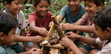 Children laughing while building a small structure with organic materials like wood and stone in a Colombian forest setting. The shot is high-angle, showing the collaboration and natural environment. Authentic and warm aesthetic.