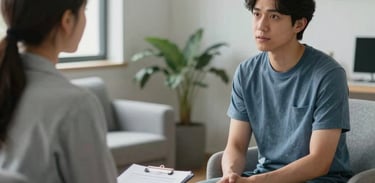 A candid shot of a one-on-one counseling session in a comfortable, modern office with soft lighting. The setting is a North American suburban location, conveying peace and trustworthiness through a palette of light grey and muted blue.
