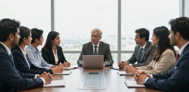 A group of South Asian / Indian legal professionals in a collaborative meeting around a conference table. The room has large windows and a clean, modern aesthetic.