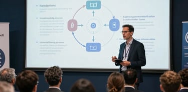 A professional photo of an entrepreneur presenting a digital solution on a screen to a panel in an International / Global innovation hub.